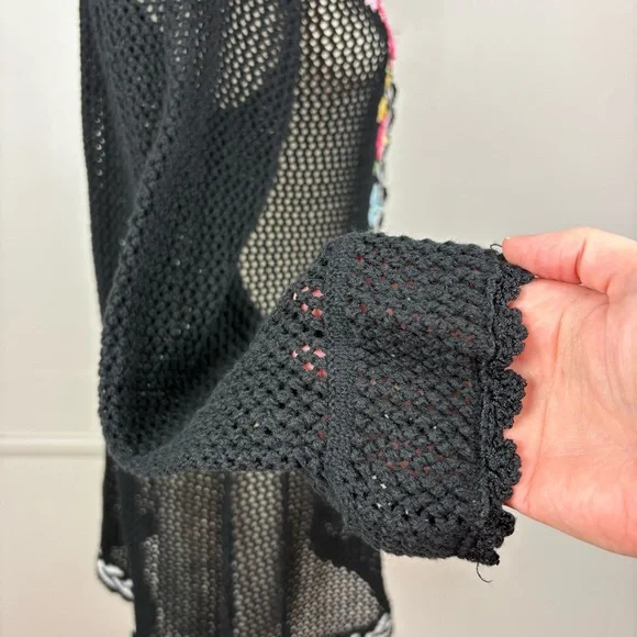 Storybook Knits Vintage Black Cardigan Size L Longline Beaded Floral Open Knit - Picture 10 of 17